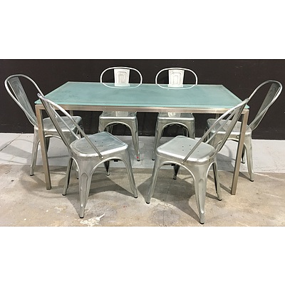 Opaque Glass Topped Dining Table With Stainless Steel Frame And 6 Replica Tolix Dining Chairs