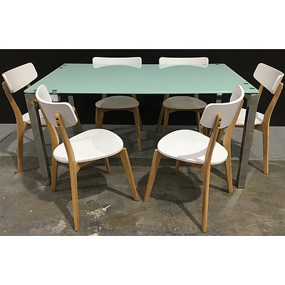 Opaque Glass Topped Dining Table With Chromed Metal Frame And 6 Movex Sven Dining Chairs
