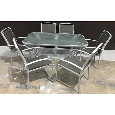 Frosted Glass Topped Outdoor Table With Powder Coated Metal Frame And 6 Indulgence Outdoor Chairs
