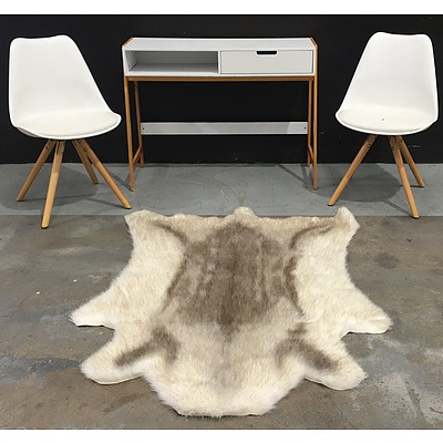 White Painted MDF Computer Table, Two Faux Leather Cushioned Dining Chairs And Faux Animal Skin Rug