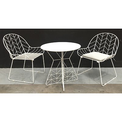 White Round Metal Outdoor Table With Painted Metal Frame And 2 Outdoor Chairs