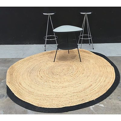 Chromed Metal Round Bar Stools, Black Metal Frosted Glass Topped Reuleaux Triangle Occasional Table  And A Round Jute Rug