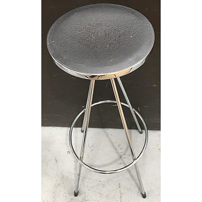 Chromed Metal Round Bar Stools, Black Metal Frosted Glass Topped Reuleaux Triangle Occasional Table  And A Round Jute Rug