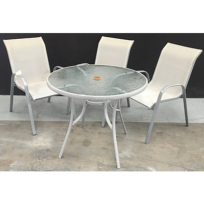 Frosted Glass Topped Round Outdoor Table With Powder Coated Metal Frame And 3 Outdoor Chairs
