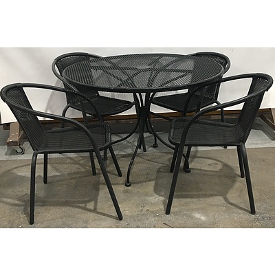 Woven Metal Topped Round Outdoor Table With Powder Coated Metal Frame And 4 Plastic Wicker Outdoor Chairs