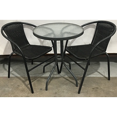 Frosted Glass Topped Round Outdoor Table With Powder Coated Metal Frame And 2 Plastic Wicker Outdoor Chairs
