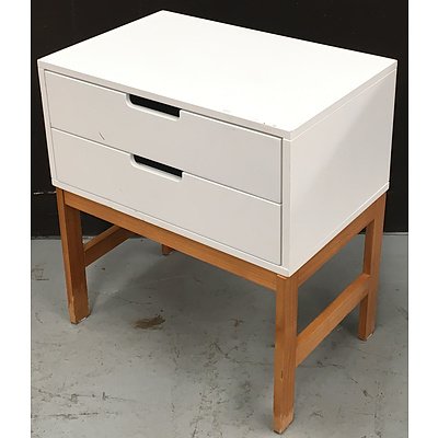 Timber Laminate Side Table, 2 White Painted MDF Bedside Tables, White Round Painted MDF Occasional Table - Lot Of Four