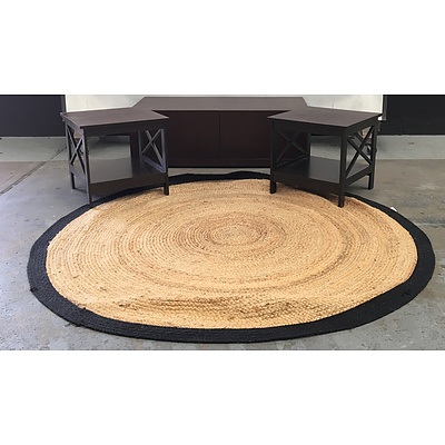 Two Stained Finish Brown Timber Occasional Tables, Brown Stained Finish Solid Timber Coffee Table And A Round Jute Rug