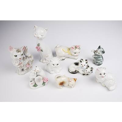 Assortment of Porcelain Cat Figurines, Including Some Vintage Japanese