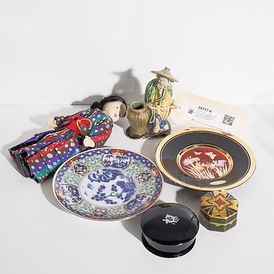 Assortment of Vintage Japanese Items, Including Porcelain Doll, Chokin Plate, and Glazed Figurine