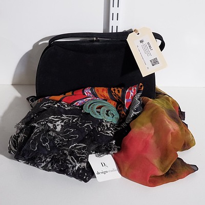 Vintage Black Suede Hand Bag, Mimco Hair Clip and Three Contemporary Scarves including Jimmy pike
