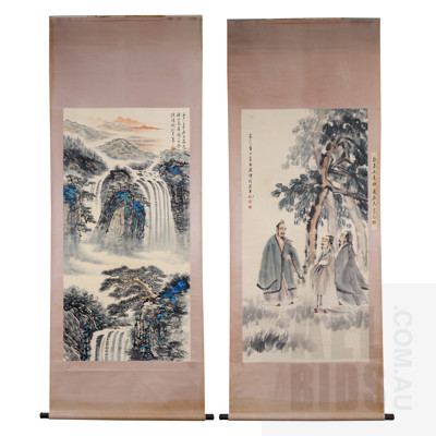 Chinese Copy Painting of Three Scholars in the Style of Fu Baoshi, and a Landscape Scroll