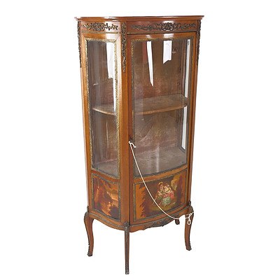 French Louis Style Vitrine Cabinet with Curved Glass Sides, Ormolu Mounts and Painted Decoration