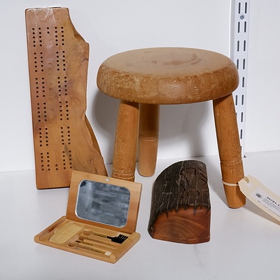 Various Vintage Huon Pine pieces - Small Stool, Cribbage Board, Manicure Set and Puzzle (4)