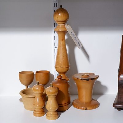 Selection of Vintage Hand Turned Huon Pine Pieces including Large Pepper Mill