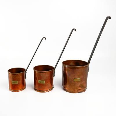 Graduated Set of Three Copper Grain Measures with Wrought Iron Handles (3)