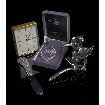 Waterford Crystal Owl Pendant, Vintage Swiza Clock, Pewter Candle Holder and Knife