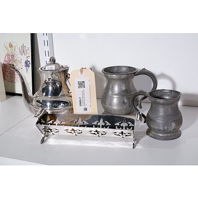 Silverplate Teapot and Toast Rack and Two Pewter Steins
