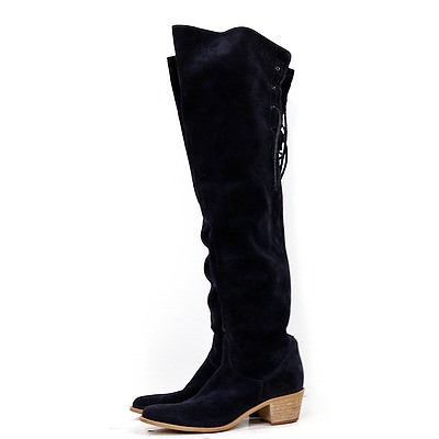 Italian Made Navy Blue Suede Knee High Boots