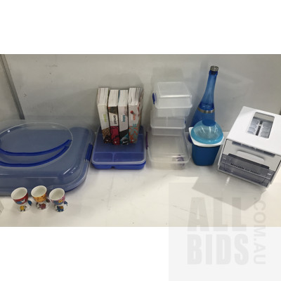 Assorted Mixed Kitchenware, Including Cutting Boards, Plastic Containers, Maxwell Williams Cups And Decanter