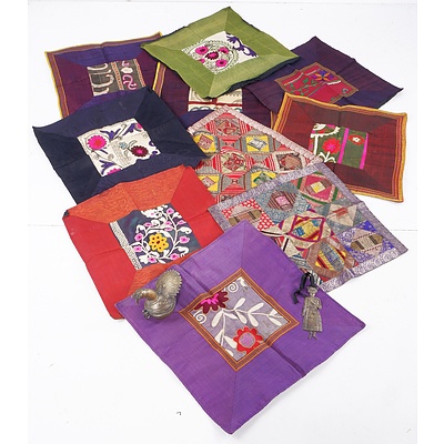 Ten Indian Embroidered and Patchwork Cushion Covers, Indian Brass Bird Trinket Box and Hanging Lady Figure