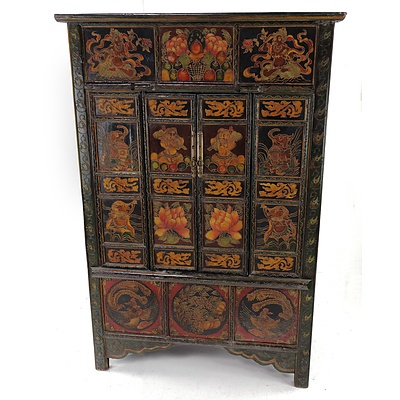Vintage Tibetan Black Lacqured Pine Cabinet with Hand Painted Lotus and Deity Decoration - 20th Century