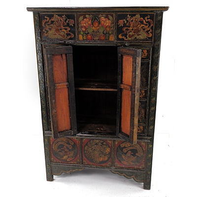 Vintage Tibetan Black Lacqured Pine Cabinet with Hand Painted Lotus and Deity Decoration - 20th Century