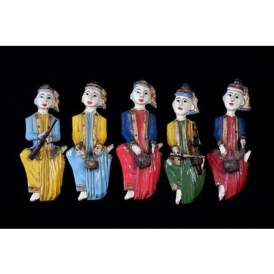 Five Thai Hand Carved and Painted Wall Hanging Musicians (5)