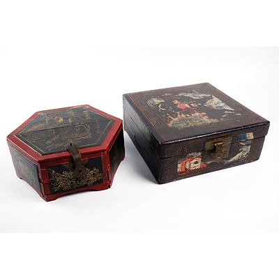 Vintage Chinese Lacquered Box and Painted Hexagonal Box (2)