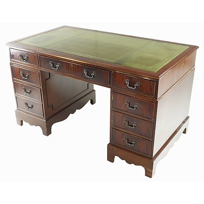 Antique Style Mahogany Twin Pedestal Desk with Nine drawers and Leatherette Insert Top