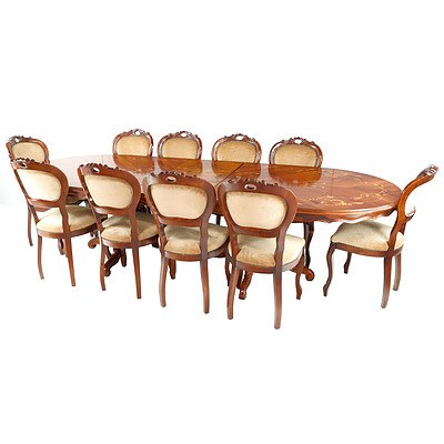 Reproduction Italianate Dining Butterfly Extension Table with Inlaid Decoration and Ten Matching Chairs