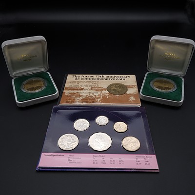 2000 Uncirculated Coin Set, ANZAC 75th Anniversary $5 Coin and Two 1988 Parliament House $5 Proof Coins