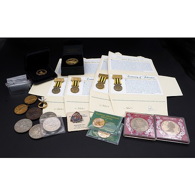 Collection of Coins and Medallions, Including Centenary of Federation Medallion, Silver Jubilee Medals, 1988 Royal Visit Medallion, 50 Years of Commonwealth Medallions and More