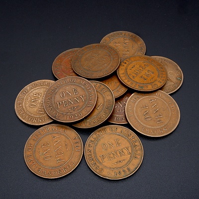 Collection of Australian Pennies, 1922, 1919, 1933, 1932, 1920, 1924, 1917, 1933 and 1935