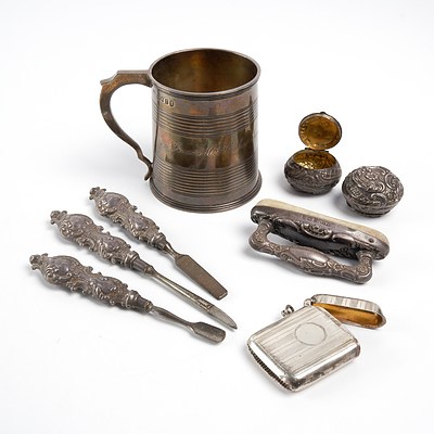 Georgian Sterling Silver Christening Mug, Sterling Silver Vanity Set and a Silver Plated Vesta