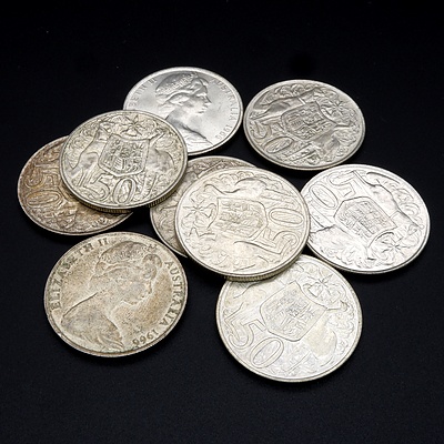 Nine Australian Silver 1966 Round 50 Cent Coins