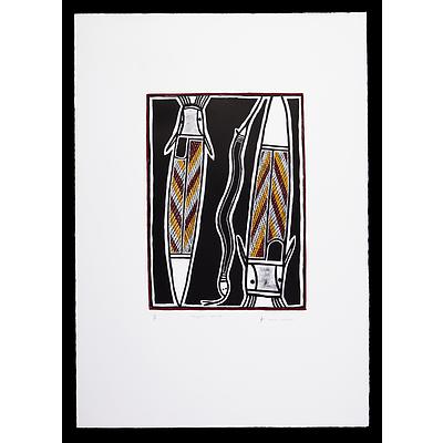 David Malangi Daymirringu (1927-1999, Manharrngu language group), Djikada & Yallur (Catfish & Snake) 1994, Hand-Coloured Lithograph, Artist's Proof, Edition of 30, 40 x 30 cm (image size)