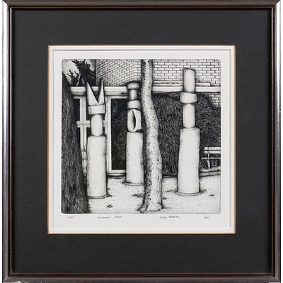 Diane Redden (20th Century, Australian), Pukamani Poles 1981, Etching and Drypoint Edition 3/30, 18 x 18 cm (image size)