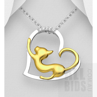 Sterling Silver Cat & Heart Pendant - part 18ct Gold-plated