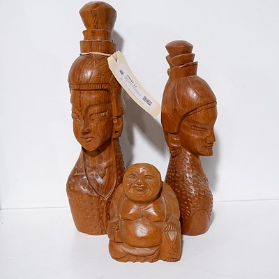 Three South East Asian Carved Figures including Buddha (3)
