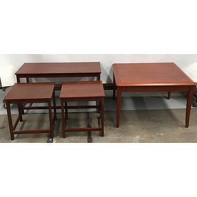 Stained Finish Coffee Table And Stained Cedar Nest Of Tables - Lot Of Four