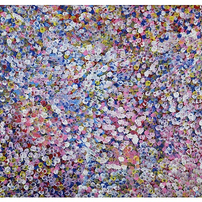 Bessie Pitjara (born c1960, Anmatyerre language group), Bush Plums, Synthetic Polymer Paint on Canvas, 87 x 91 cm