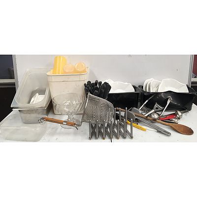 Assorted Kitchenware, Cutlery, Sauce Squirt Bottles, Utensils And Containers