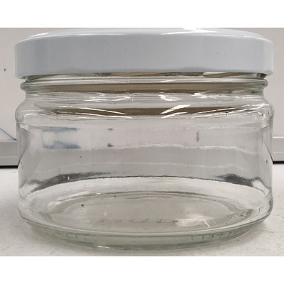 Boxes Of Plasdene Glass-Pak, 500-1764-FL,  500ml Super Flint Glass Round Jar And Large Quantity Of Lids - Lot Of 11