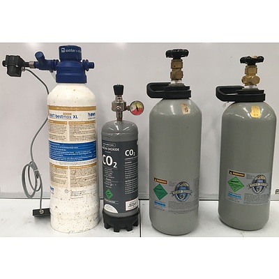 Empty CO2 Bottles And Water Filter - Lot Of Four