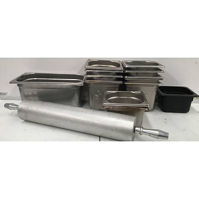 Assorted Sized Stainless Steel Bain Marie Tubs And Aluminium Rolling Pin