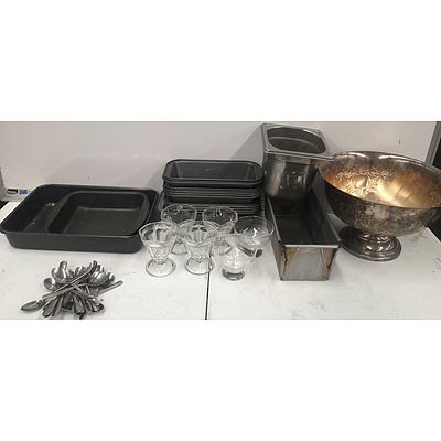 Assorted Cookware, Teaspoons, Dessert Glasses And Viners Silver Plate Fruit Bowl