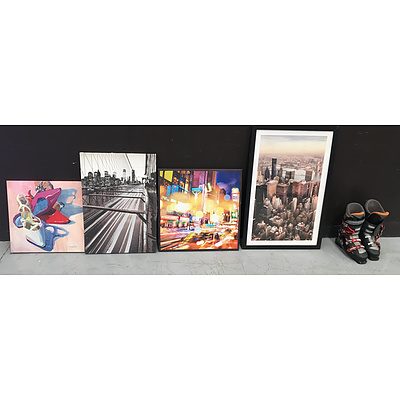 Pair Of Salomon Performance 7.0 Ski Boots And 4 Ready To Hang Framed Art Prints - Lot Of Five