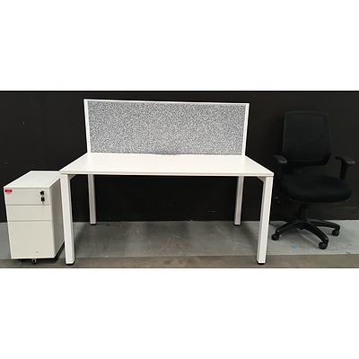 Office Storage Cabinet, Executive Gas Lift Office Chair, White Timber Top, Painted Metal Frame Office Desk With Scalloped Edge - Lot Of Three