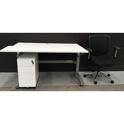 Office Storage Cabinet, Executive Gas Lift Office Chair, White Laminated Particle Board Height Adjustable Top, Grey Powder Coated Metal Frame Office Desk With Corner Cut-Away And Cable Hole - Lot Of Three